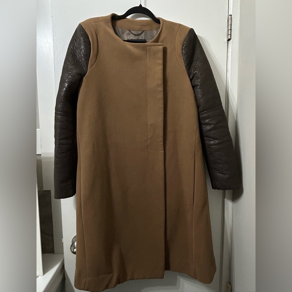 BCBGMAXAZRIA long tan flannel vintage coat with faux leather sleeves size large